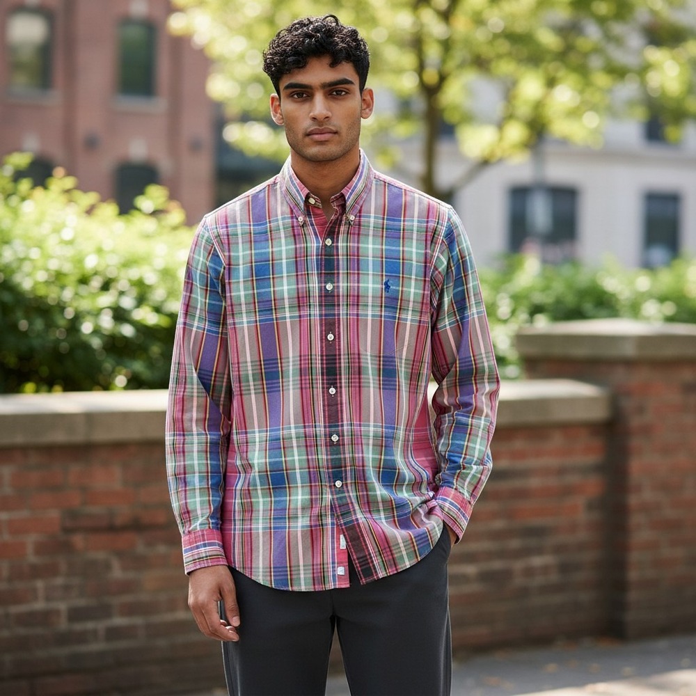 Ralph Lauren Men's Long Sleeve Plaid Button Up 100% Cotton Red Western Fall Prep